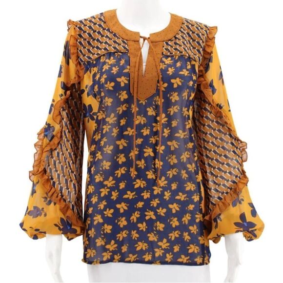 Cabi HARMONY Floral Geometric Pattern Navy Blue Orange Semi Sheer Ruffled Blouse - Picture 1 of 13